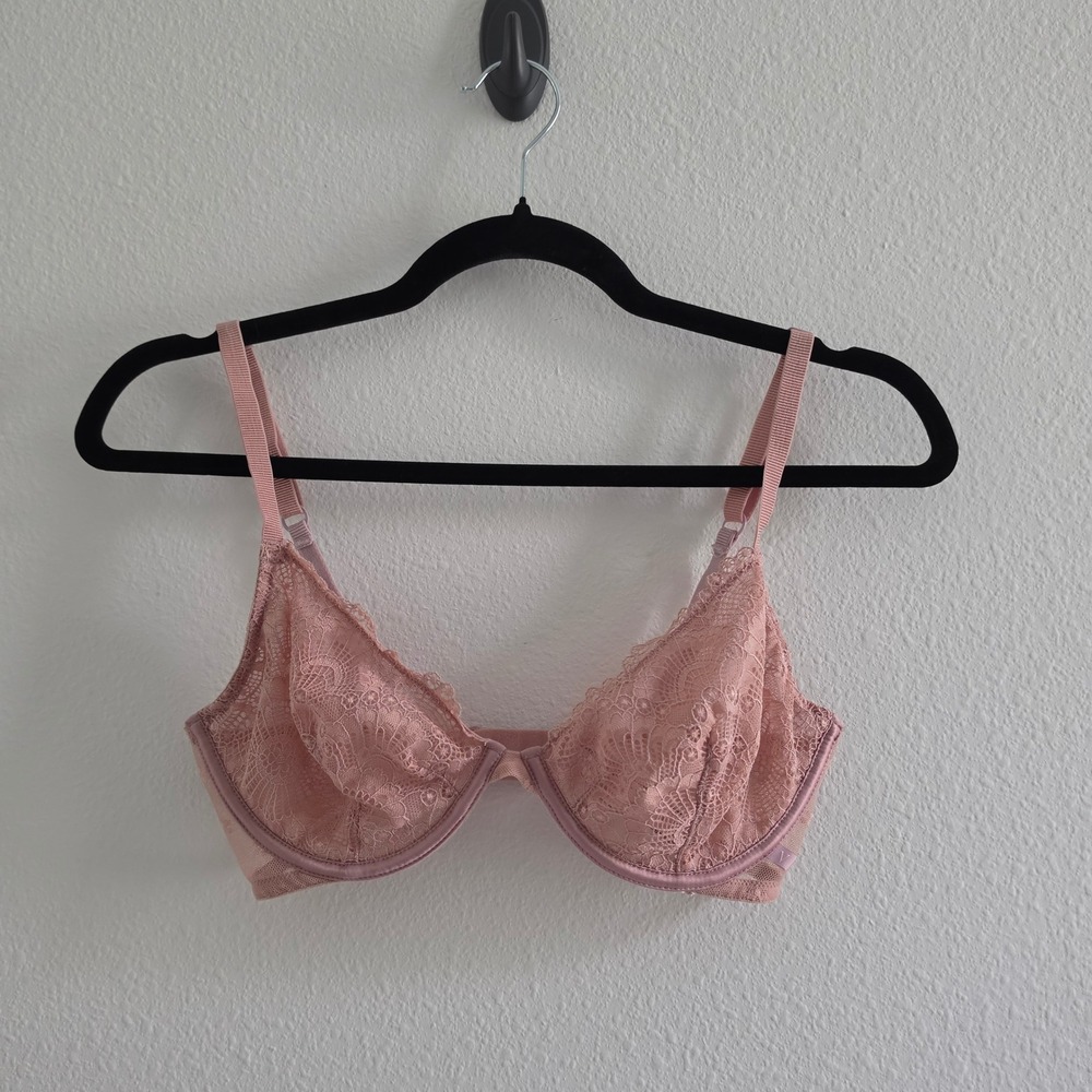 Victoria's Secret Unlined Demi Pink Floral Lace Underwire Bra 32DD